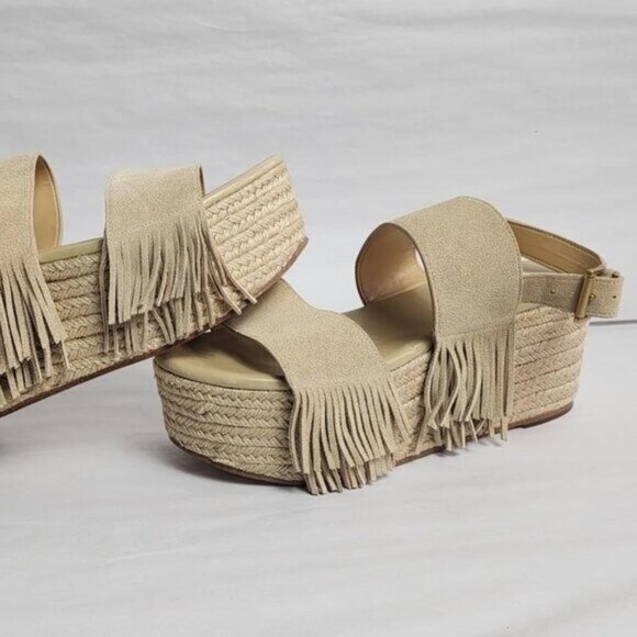 Michael Kors Hana Suede Boho Fringe Espadrille Platform Wedge Sandals Tan 9.5 - Picture 4 of 5